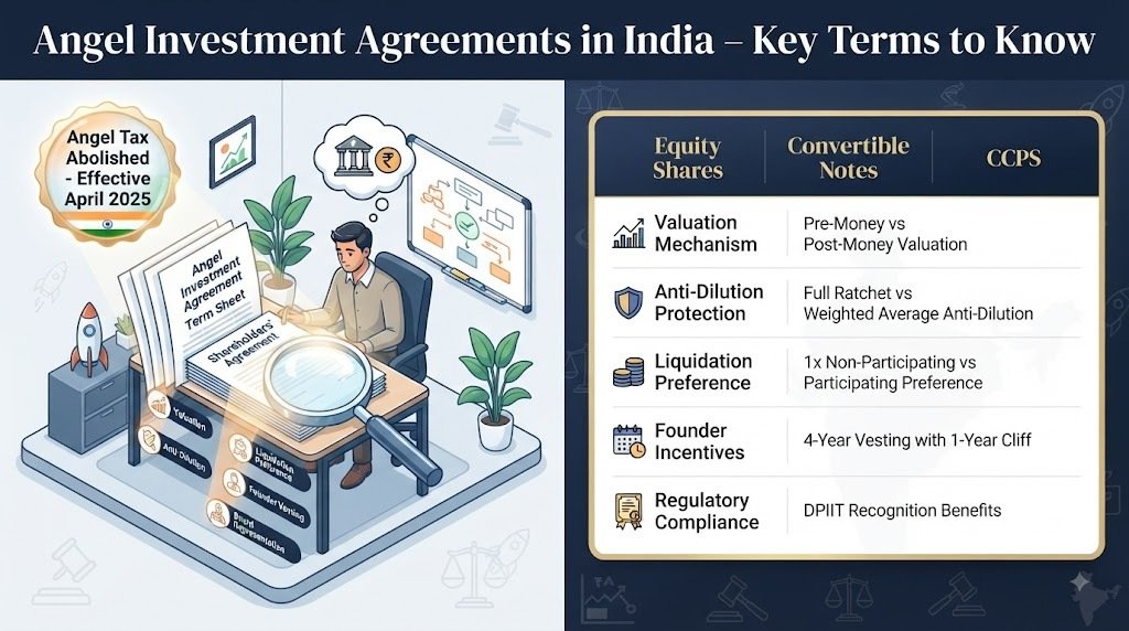 Angel investment agreement in India - Key terms every founder must know including valuation, anti-dilution, liquidation preference, founder vesting, and board rights. Expert guide covers angel tax abolition (April 2025), DPIIT recognition, and common mistakes. By Parvez Ali, Contract Lawyer.