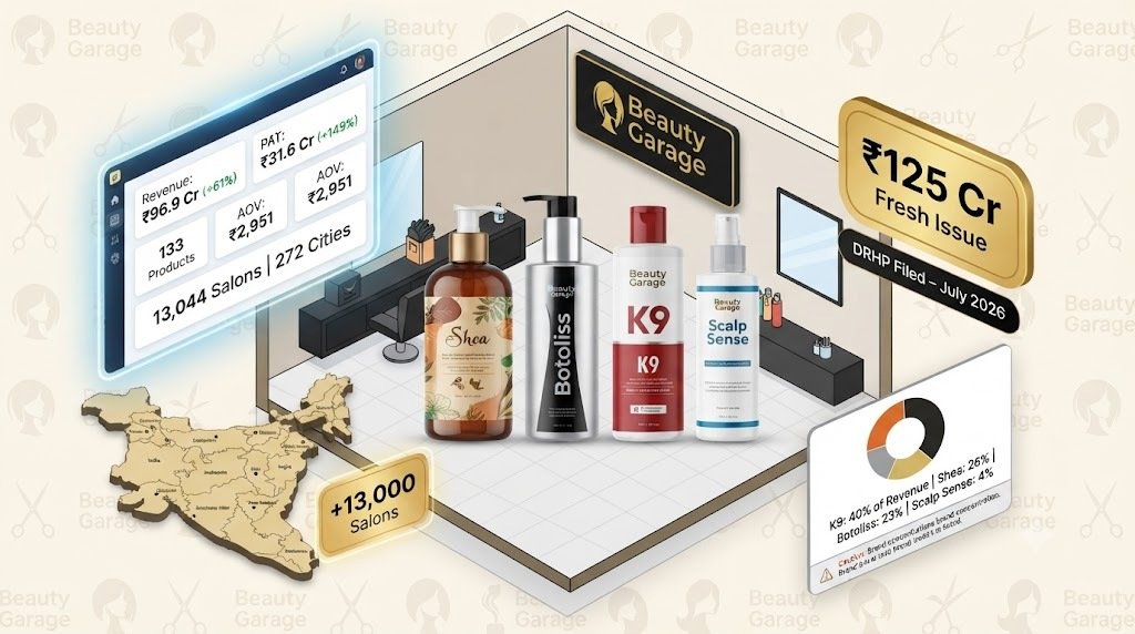 Beauty Garage IPO – Shea, Botoliss, K9, and Scalp Sense salon-grade haircare brands. ₹125 crore fresh issue + 78.36 lakh share OFS.