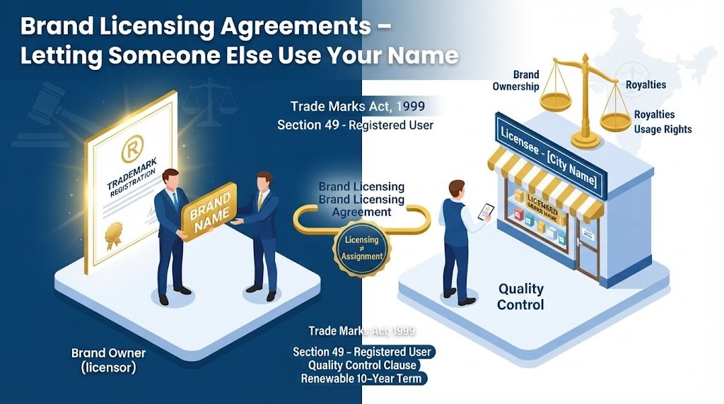 Brand licensing agreement core concept - Trademark owner (licensor) grants usage rights to another party (licensee) while retaining ownership. Governed by Trade Marks Act 1999. Key elements: quality control, royalties, territory, duration, registered user under Section 49. Not an assignment. Complete legal guide 2026.