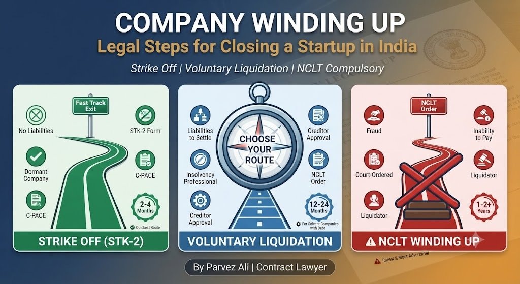Company winding up legal steps for closing a startup in India hero image showing strike off voluntary liquidation and NCLT options