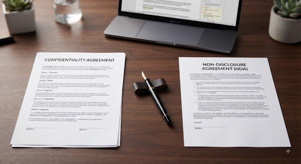 A professional legal document on a desk, representing the comparison between a Confidentiality Agreement and an NDA for startup founders.