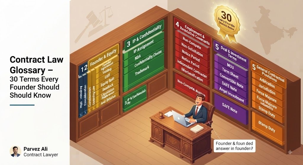 Contract law glossary 30 terms every founder should know - Legal dictionary covering contract formation (Offer, Acceptance, Consideration), founder & equity (Vesting, Cliff, Liquidation Preference), IP & confidentiality (IP Assignment, NDA, Trademark), employment (Non-Compete, Non-Solicitation, Notice Period), deal terms (MOU, Term Sheet, Convertible Note, SAFE, Angel Investment), dispute resolution (Arbitration, Jurisdiction, Indemnity, Force Majeure, Stamp Duty). Complete legal reference guide 2026.