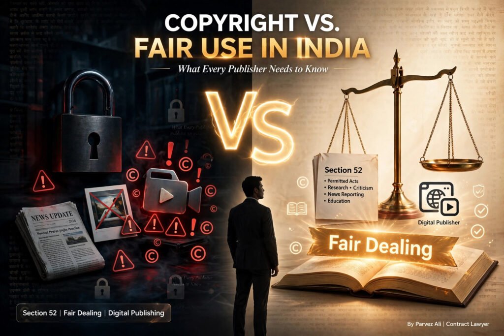 Copyright vs fair use in India hero image showing legal scales with digital content and Section 52 Copyright Act