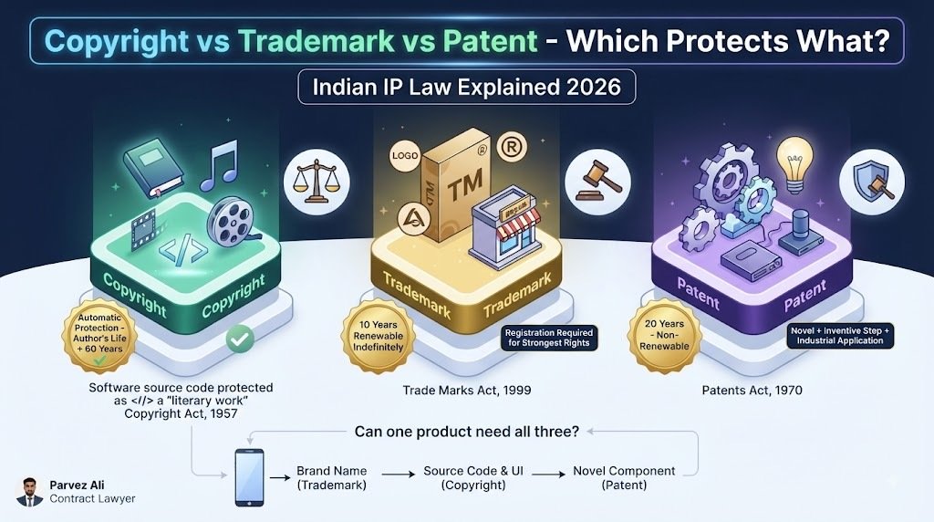 Copyright vs Trademark vs Patent India - Complete IP law guide. Copyright protects creative expression (writing, code, art, films) under Copyright Act 1957 (author's life + 60 years). Trademark protects brand identity (names, logos, taglines) under Trade Marks Act 1999 (10 years, renewable indefinitely). Patent protects inventions (novel, inventive step, industrial application) under Patents Act 1970 (20 years, non-renewable). Software protected by copyright, not patent. One product can need all three. Legal explainer by Parvez Ali.