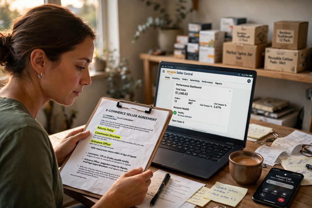 An Indian small business owner reviewing an e-commerce seller agreement document at a home office desk with a laptop showing Amazon Seller Central. Real-life scene of a seller reading marketplace terms, commission structure, and grievance officer clauses before accepting.