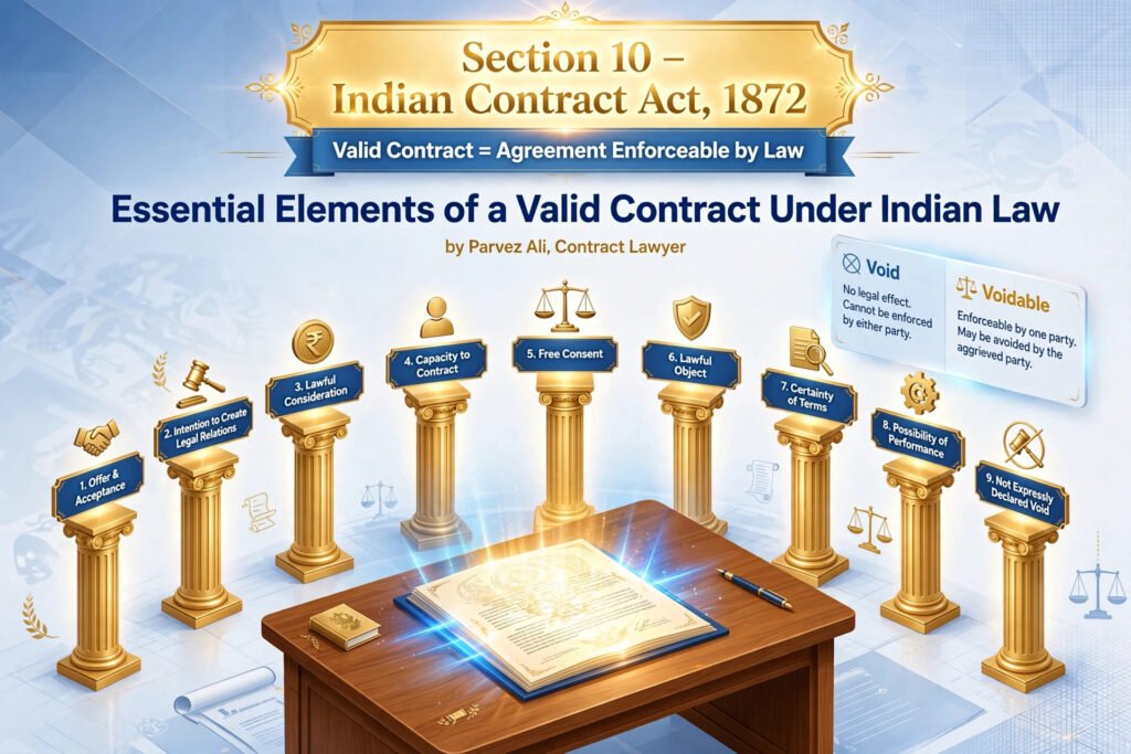 Essential elements of a valid contract under Indian law – Section 10 of Indian Contract Act 1872. 9 essential elements: offer & acceptance, intention to create legal relations, lawful consideration, capacity to contract (Section 11), free consent (Section 14), lawful object (Section 23), certainty of terms, possibility of performance, not expressly declared void. Void vs voidable contract explained. Complete legal guide 2026.