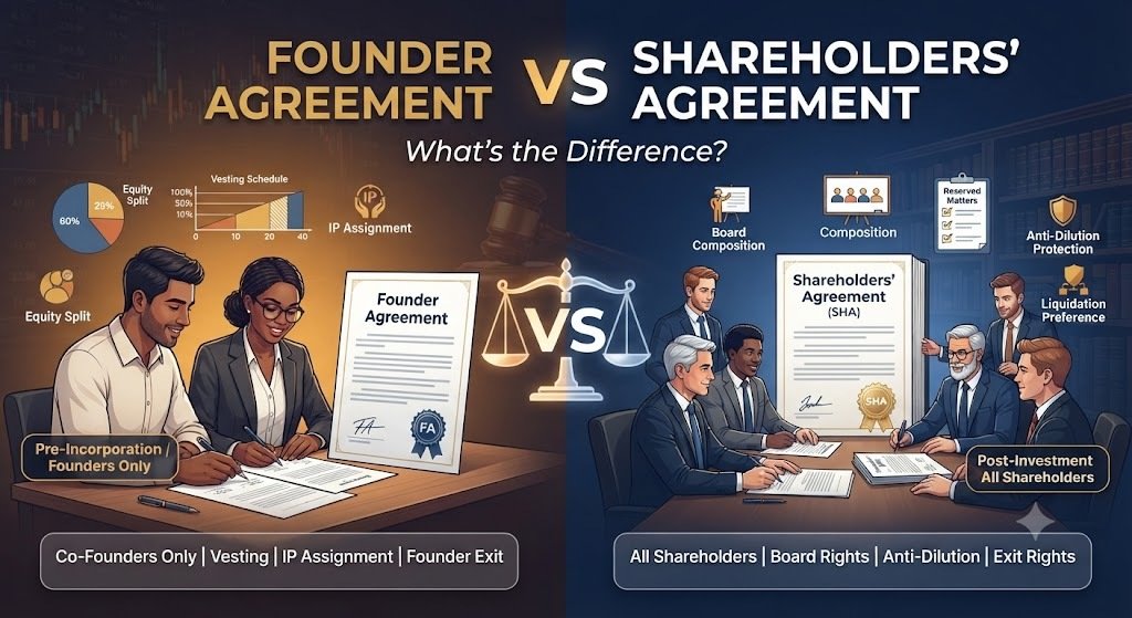 Founder agreement vs shareholders agreement difference hero image showing co-founders and investors with legal documents and startup governance