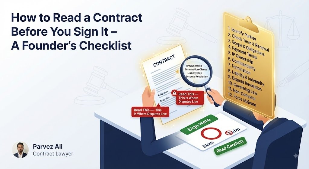 How to read a contract before signing - Founder's checklist with 12 key steps: identify parties, check term & renewal, scope & obligations, payment terms, IP ownership, confidentiality, termination, liability & indemnity, dispute resolution, governing law, non-compete, force majeure. Don't skim boilerplate. Legal guide by Parvez Ali, Contract Lawyer.