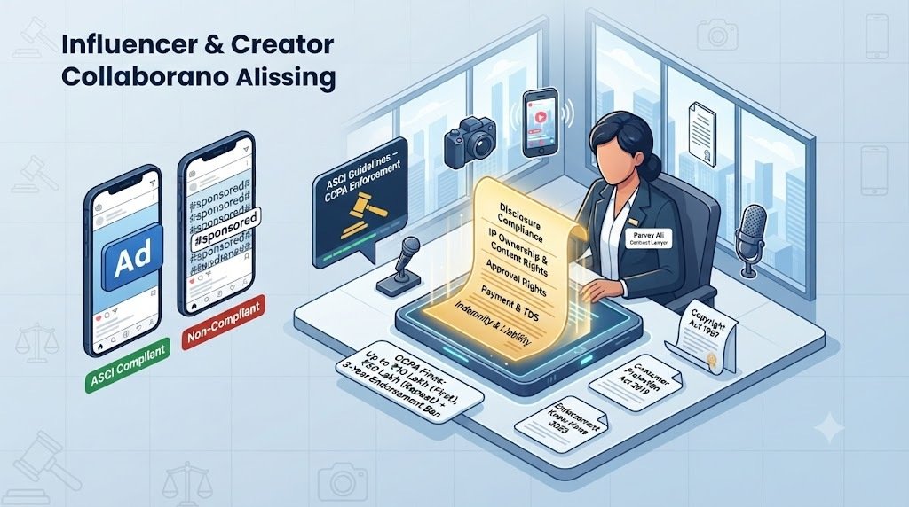 Influencer collaboration agreements legal guide – ASCI guidelines, CCPA enforcement, disclosure requirements (Ad, Sponsored, Paid Partnership), IP ownership, copyright licensing, content usage rights, indemnity, liability, TDS on influencer payments, barter disclosures, due diligence obligations. Complete legal compliance guide by Parvez Ali, Contract Lawyer.
