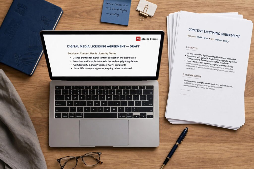 Contract lawyer reviewing legal documents, contributor agreements, and digital platform policies on a laptop screen