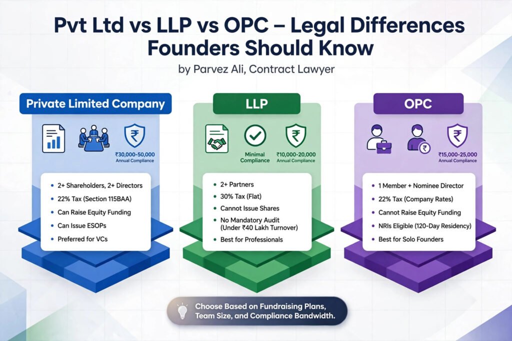Pvt Ltd vs LLP vs OPC comparison – Private Limited Company: 2+ shareholders, 22% tax, can raise equity funding, can issue ESOPs, preferred for VCs, ₹30,000-50,000 compliance. LLP: 2+ partners, 30% tax, cannot issue shares, no mandatory audit (under ₹40L turnover), best for professionals, ₹10,000-20,000 compliance. OPC: 1 member + nominee, 22% tax, cannot raise equity, NRIs eligible, best for solo founders, ₹15,000-25,000 compliance. Complete legal guide 2026.