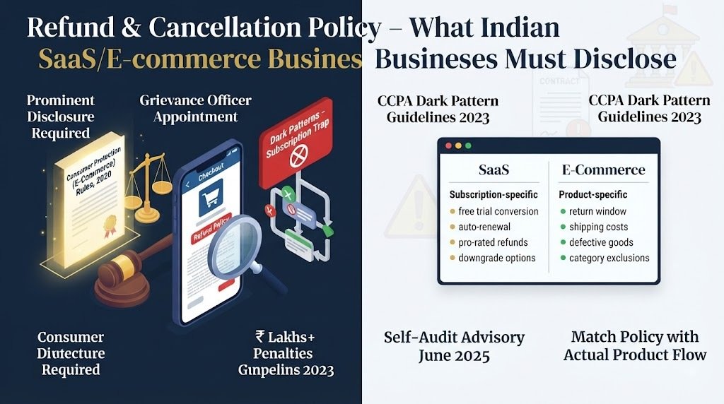 Refund and cancellation policy requirements for Indian SaaS and e-commerce businesses - Complete compliance guide covering Consumer Protection (E-Commerce) Rules 2020, mandatory disclosures, grievance officer appointment, CCPA dark pattern guidelines 2023, subscription traps, forced action patterns, penalties, and self-audit advisory June 2025. Key differences between SaaS subscriptions (auto-renewal, pro-rata) and e-commerce (return windows, defective goods) explained. By Parvez Ali, Contract Lawyer.