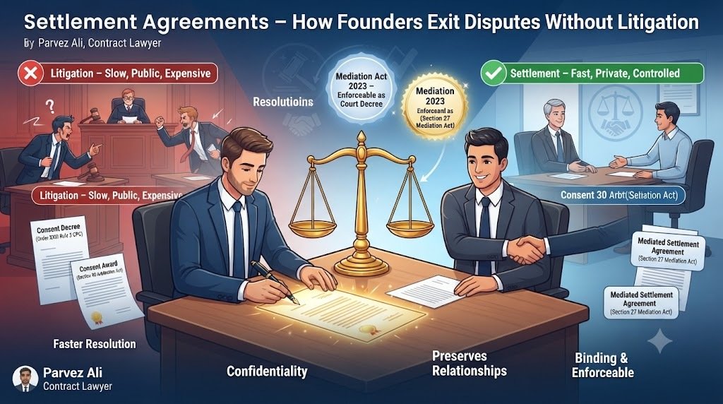 Settlement agreements for founders - How to exit disputes without litigation. Litigation is slow, public, expensive. Settlement is fast, private, controlled. Mediation Act 2023: mediated settlement agreements enforceable as court decrees. Consent decree under Order XXIII Rule 3 CPC, consent award under Section 30 Arbitration Act. Key elements: release clause, confidentiality, non-disparagement, breach consequences. Legal guide by Parvez Ali, Contract Lawyer.