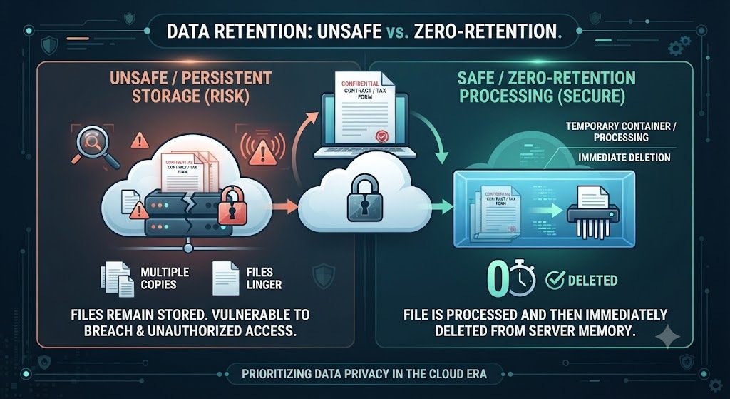 Why online PDF tools should never store your files — privacy risk and zero data retention