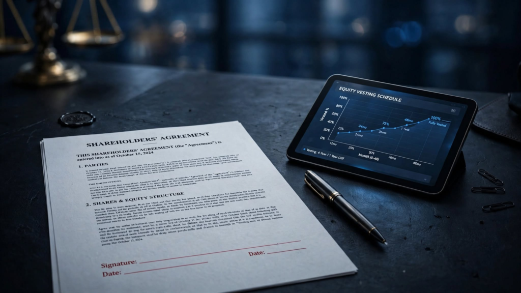 A legal shareholders' agreement and pen on a desk representing the high stakes of bad leaver clauses and founder share forfeiture in India.