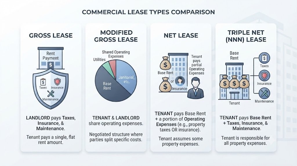 Professional comparison chart of commercial lease types showing Gross, Modified Gross, Net, and Triple Net (NNN) leases with icons for rent, taxes, insurance, and maintenance responsibilities