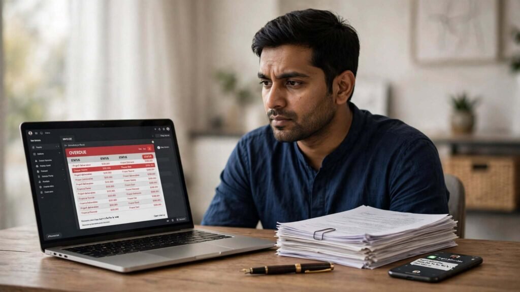 An Indian freelancer reviewing an unpaid digital invoice on a laptop alongside legal documents and a pen, illustrating a legal recovery guide when a client refuses to pay.