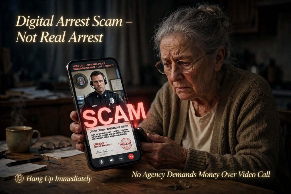 Digital arrest scam in India showing fake CBI or police video call and forged documents used to extort money
