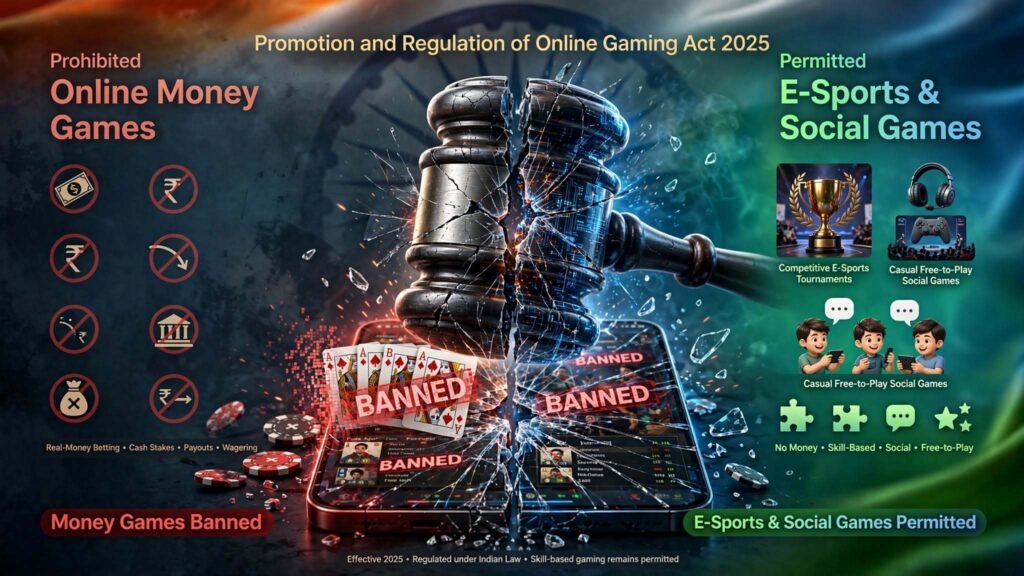Online gaming ban in India 2025 under Promotion and Regulation of Online Gaming Act showing banned money games versus permitted e-sports and social games