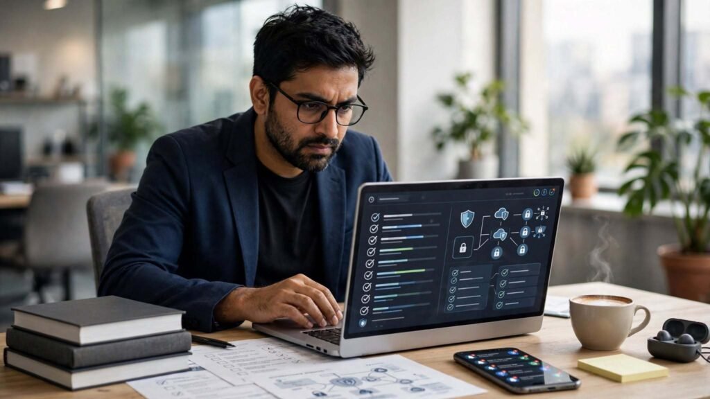 An Indian startup founder reviewing corporate restructuring and cross-border redomiciliation documents on a laptop, illustrating the reverse flipping guide.